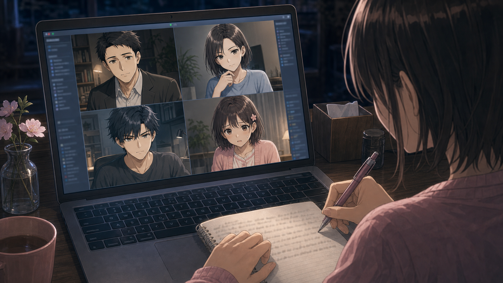 深夜のビデオ通話。四分割の画面に鈴木、遥、翔太、桜子が映り、桜子はタイムラインを記録している
