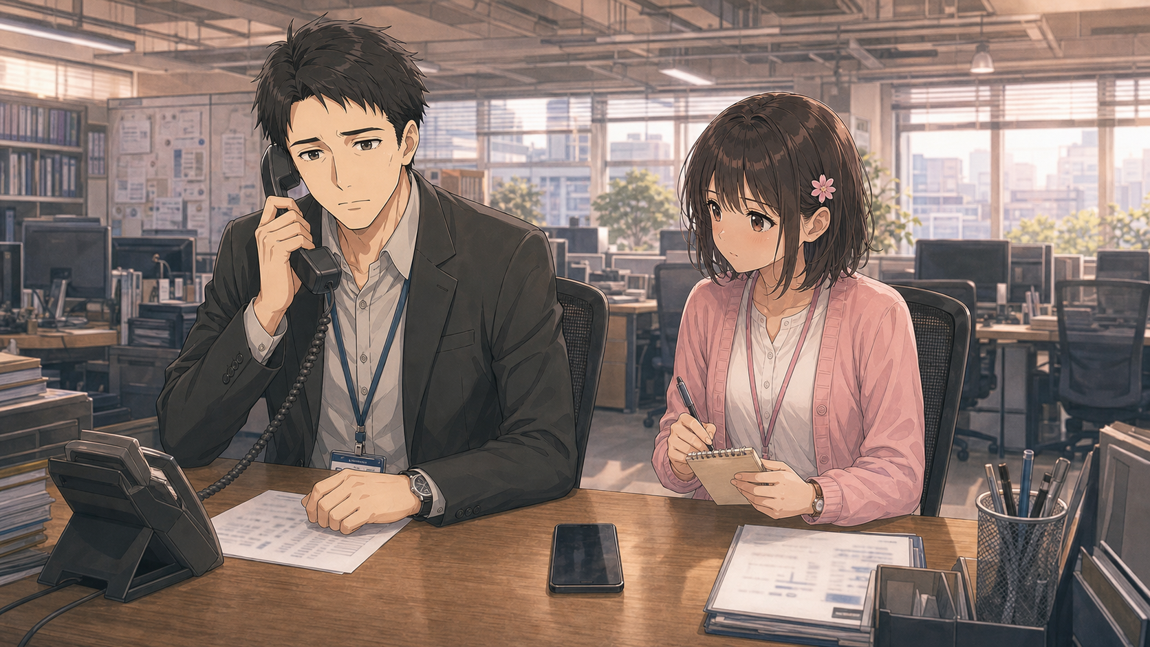 鈴木が顧客への報告電話をかける隣で、桜子がメモ帳を手に同席している
