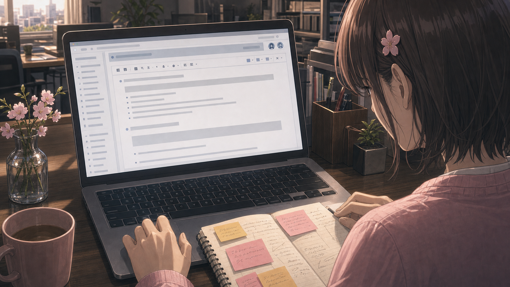 桜子の肩越しに見えるノートPCの画面に社内wikiの観察メモが開かれ、キーボードの脇に走り書きの残るメモ帳が置かれている