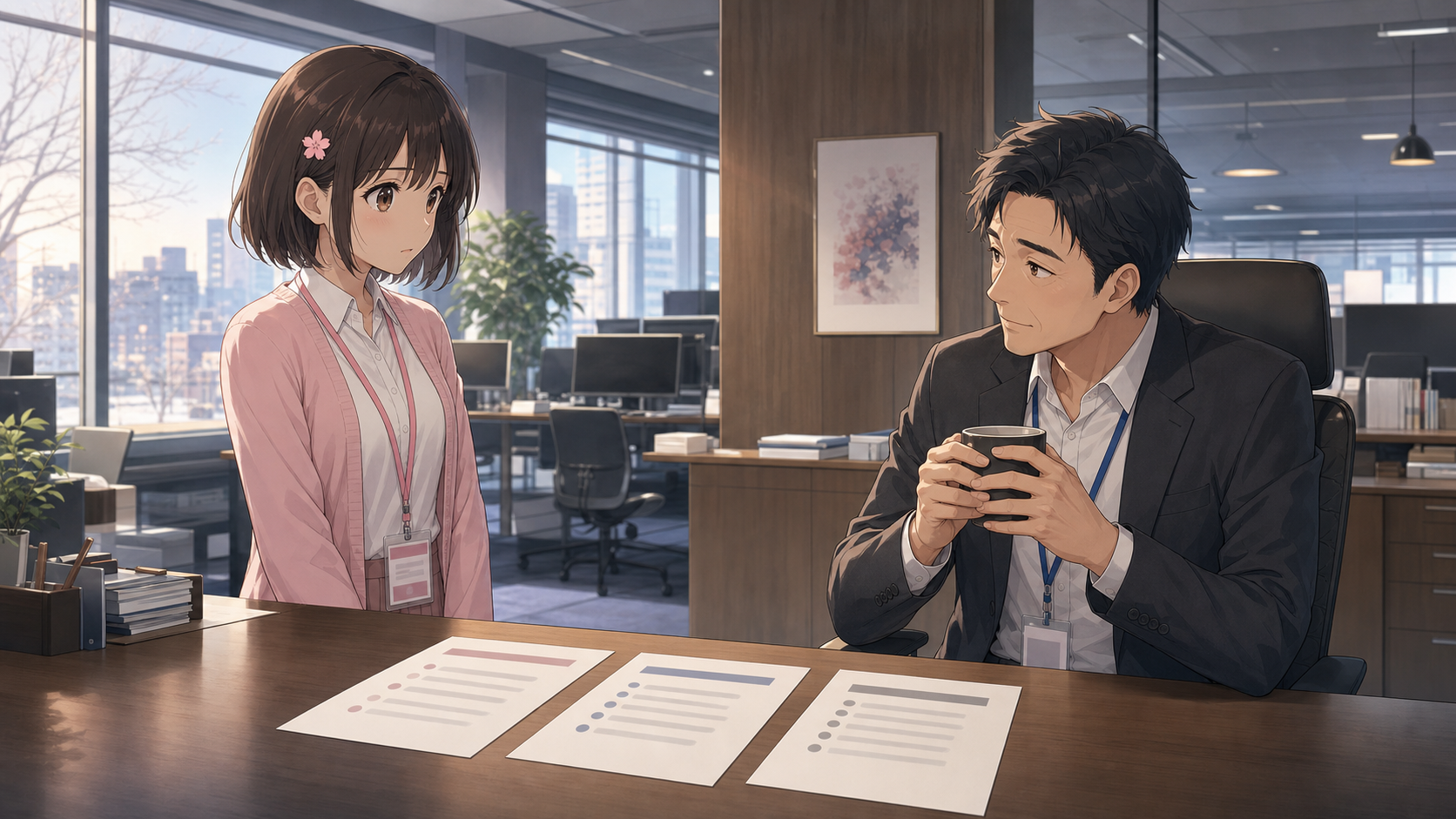 鈴木の机の上に三枚の紙が並び、コーヒーカップを両手で包む鈴木と、緊張した面持ちの桜子が、それを挟んで話している