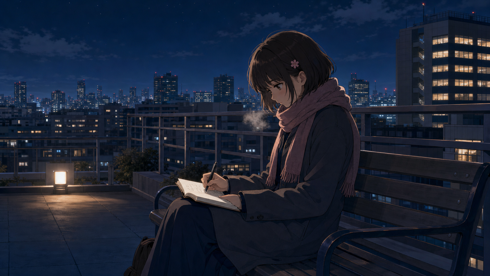 一月の夜、ビルの屋上のベンチで、コートを着た桜子がひとりメモ帳を開いて書いている