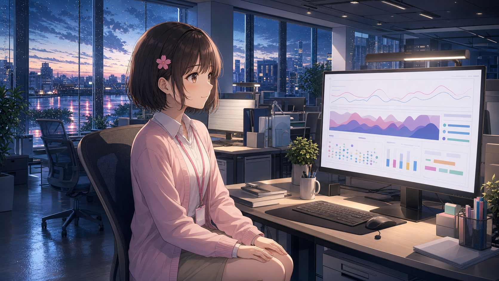 夕方のオフィスで、桜子がモニタに映る監視ダッシュボードの折れ線を、じっと見つめている