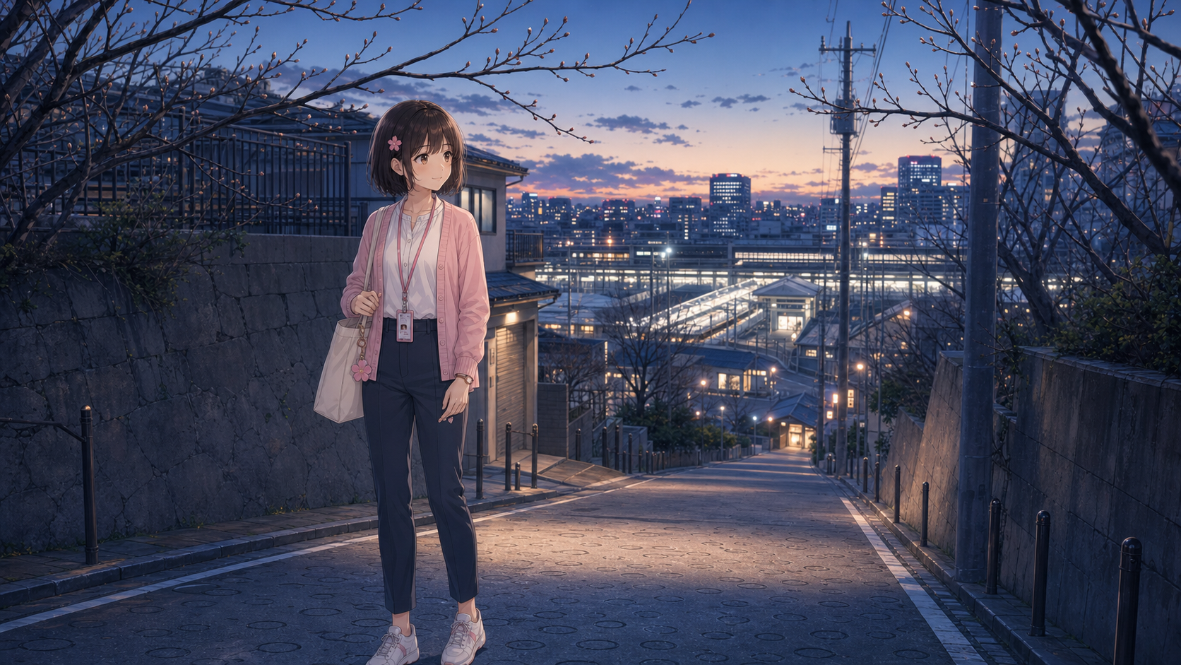 三月上旬の夕暮れ、つぼみだけの桜並木が続く坂道で、桜子が駅の灯りを見下ろしながら静かに立ち止まっている