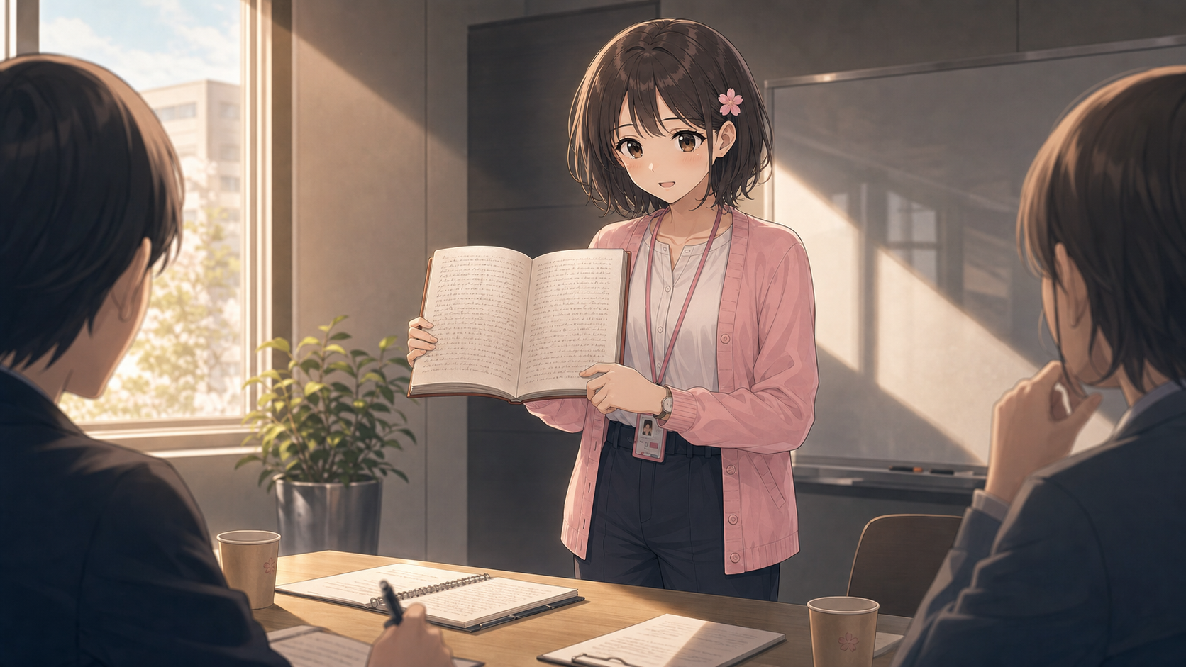 春の午後の光が差し込む会議室で、桜子がほぼ埋まったメモ帳を両手で開き、机を囲む同僚たちに一年のふりかえりを読み上げている